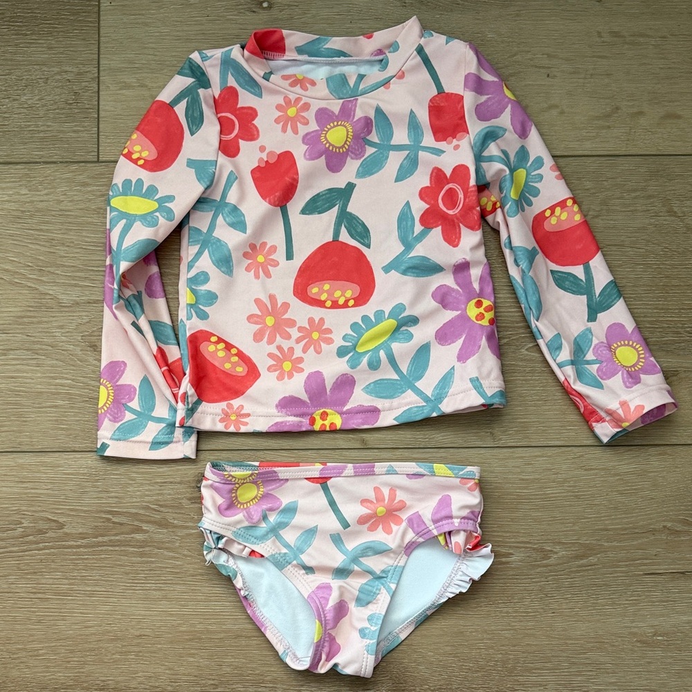 Toddler Girl Floral Long Sleeve Rash Guard Swim Set
